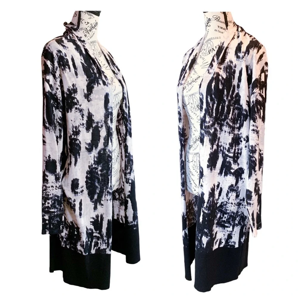 Nic+Zoe Castaway Open Front Cardigan Sweater Duster Abstract Black White XS